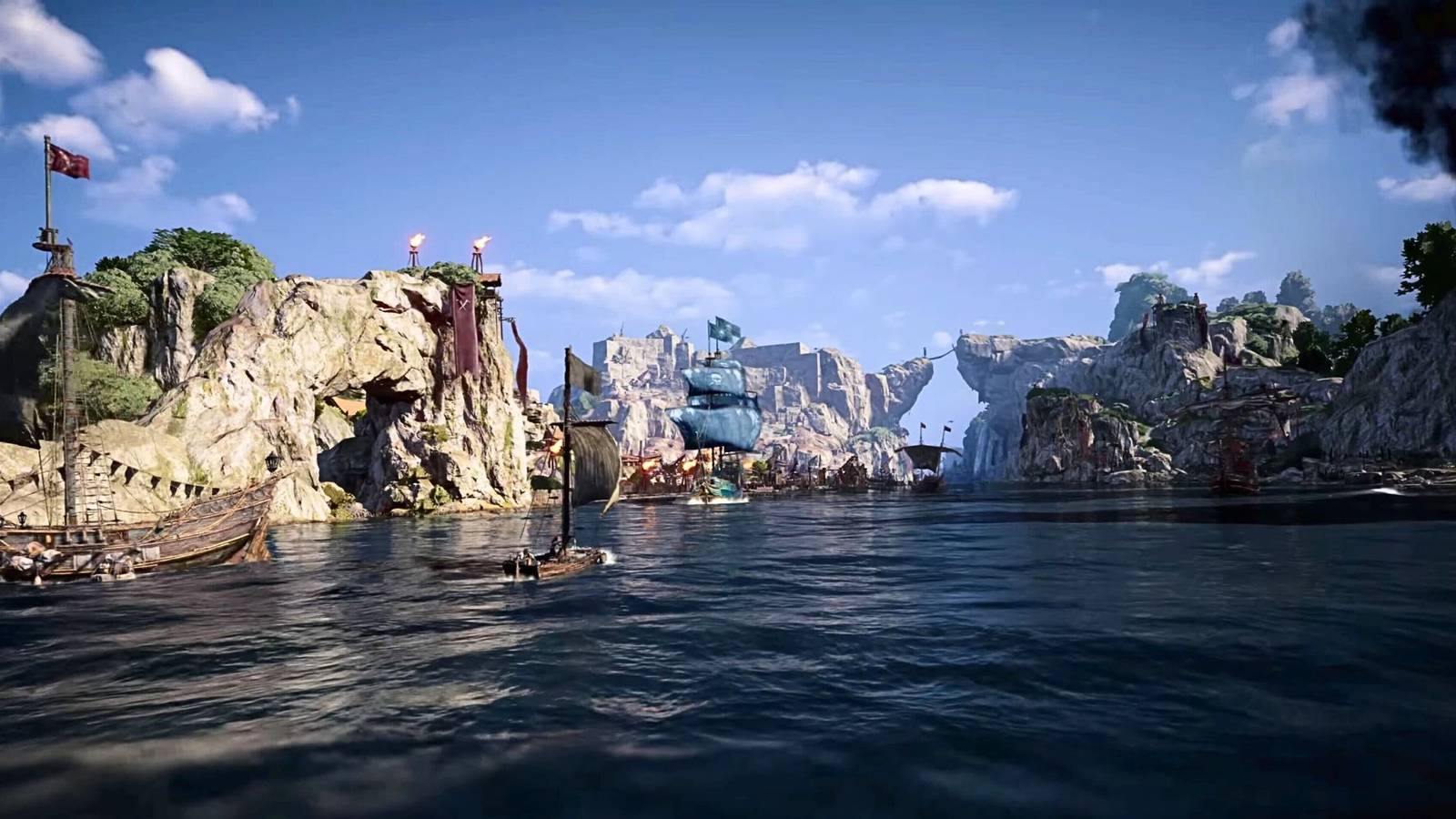 A ship sailing among rocks and shipwrecks in Skull and Bones