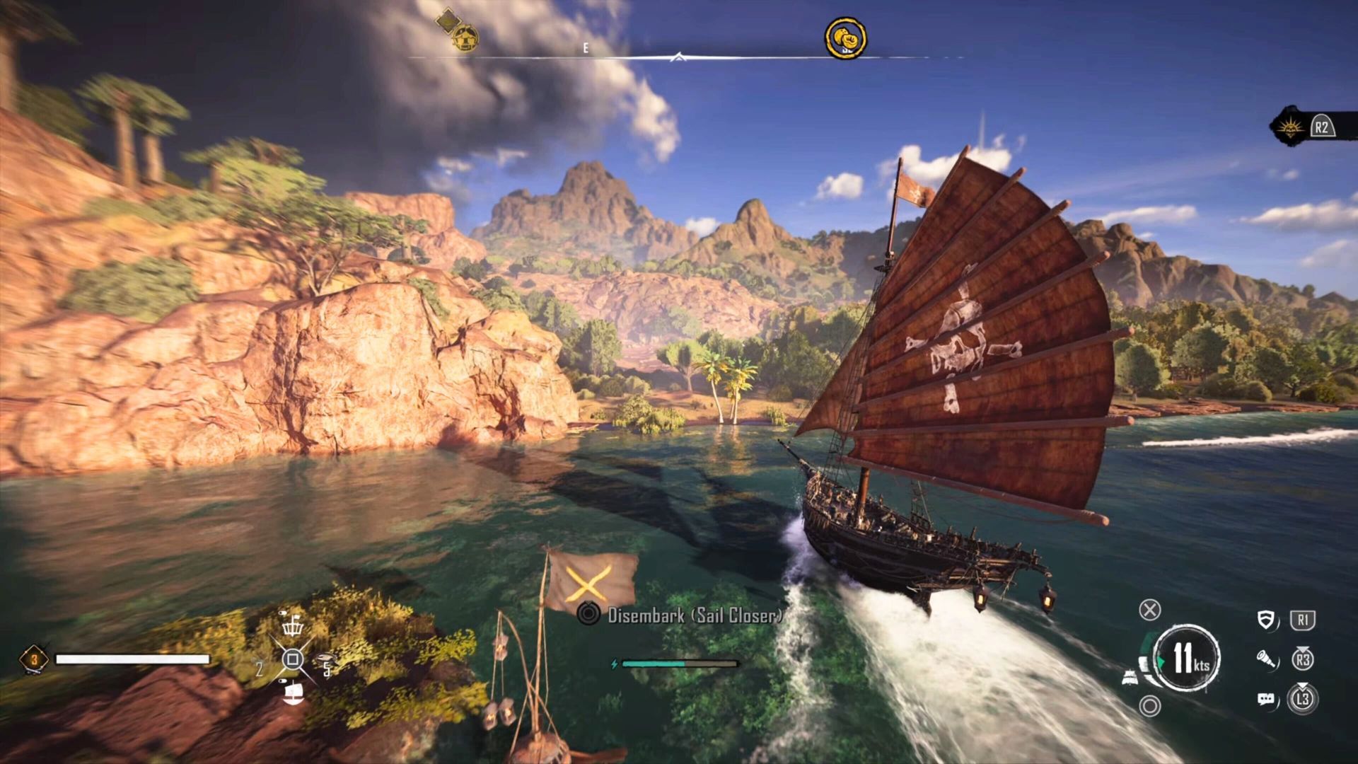 A ship sailing toward a coconut tree in Skull and Bones