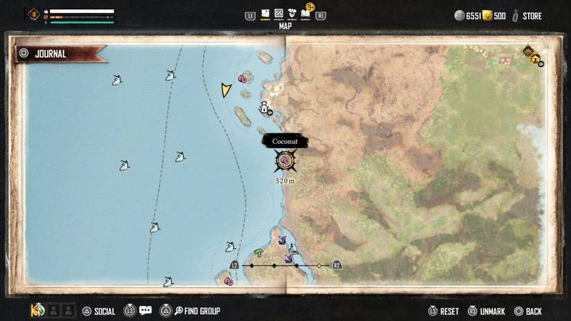 A map in Skull and Bones with the location of coconut highlighted