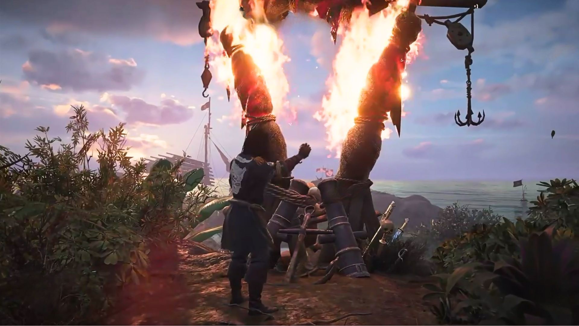 A player throwing powder on a Pirate's Bonfire in Skull and Bones