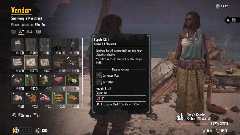 A vendor in Skull and Bones showing a Repair Kit II for sale