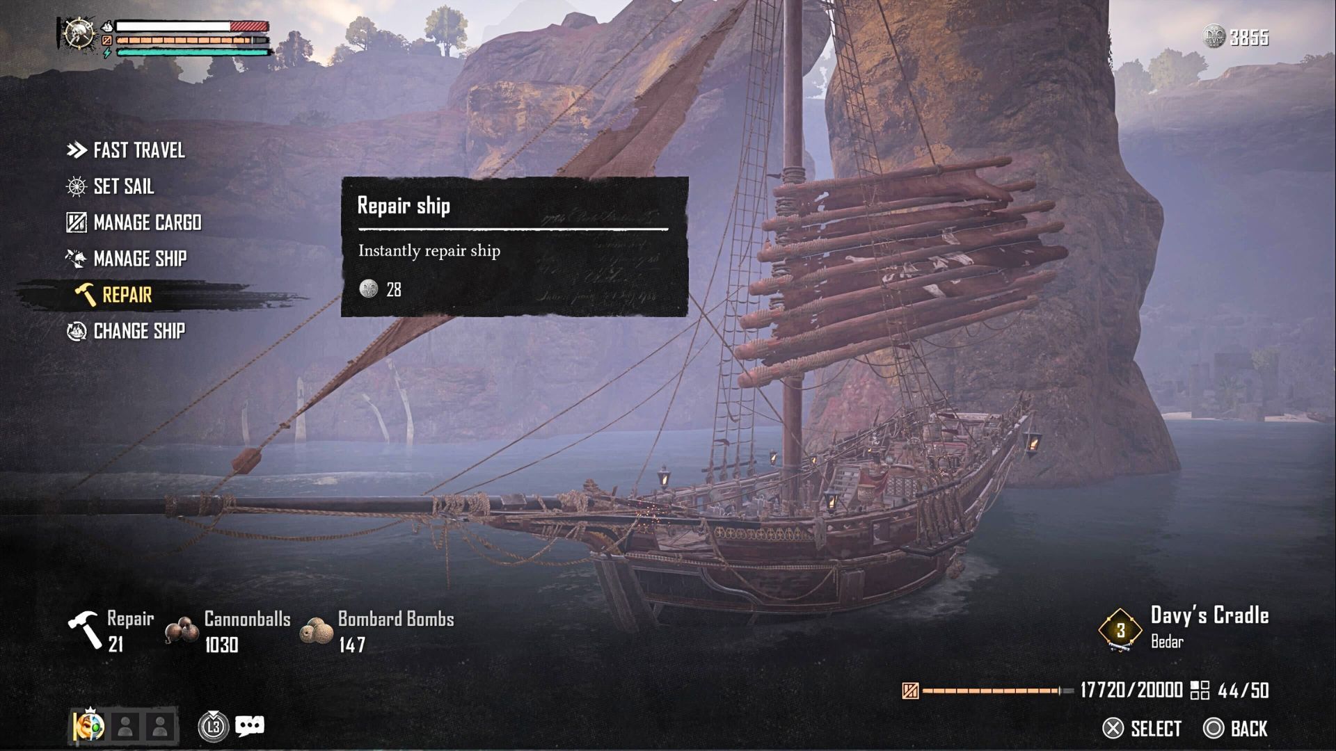 L'option Réparer le vaisseau dans le menu de personnalisation du vaisseau de Skull and Bones