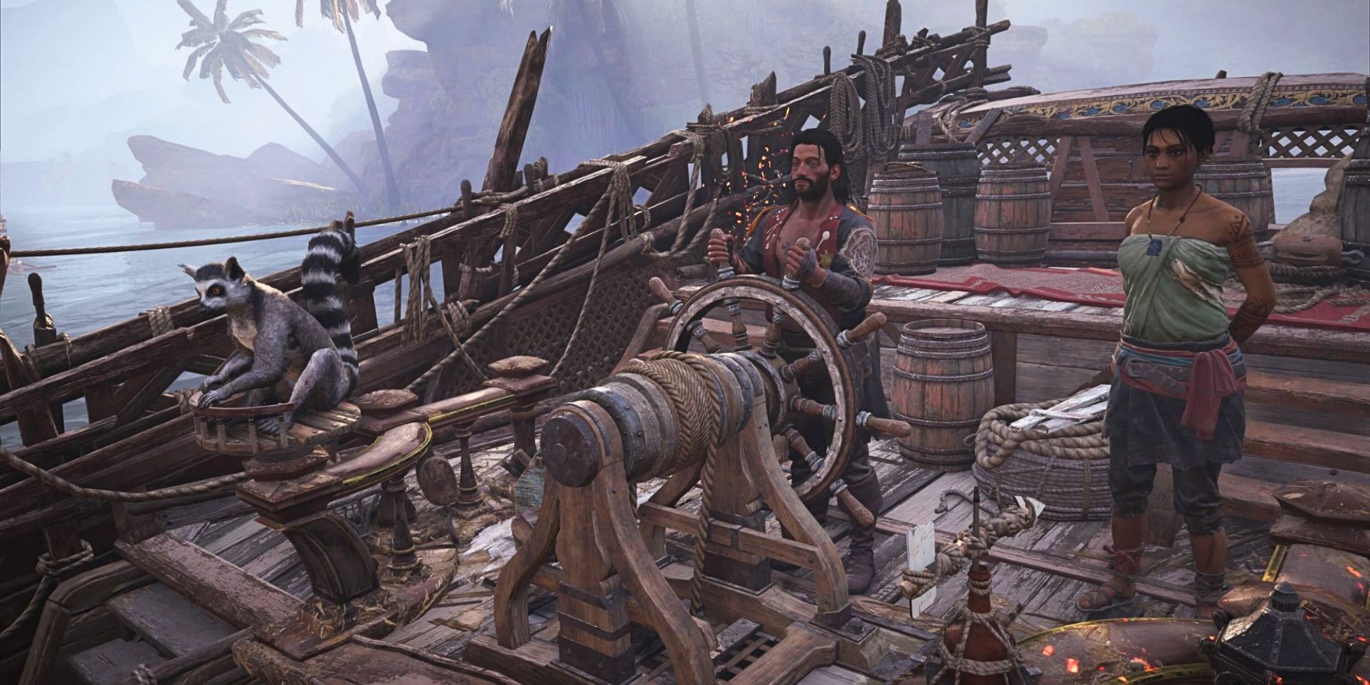 A Skull and Bones character steering his ship