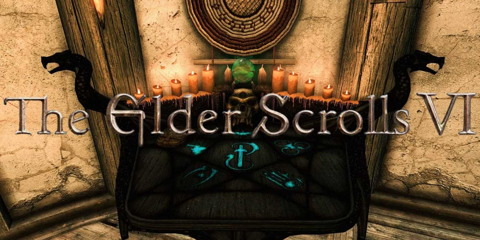 The Elder Scrolls 6 Logo over an Enchanting Table from Skyrim