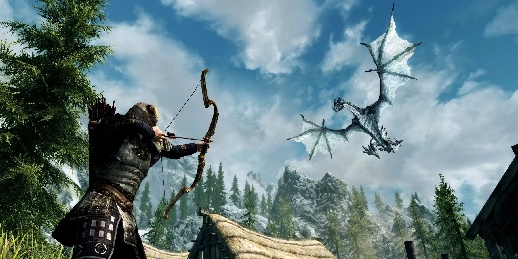 A screenshot from Skyrim showing a player character shooting a bow at a dragon.
