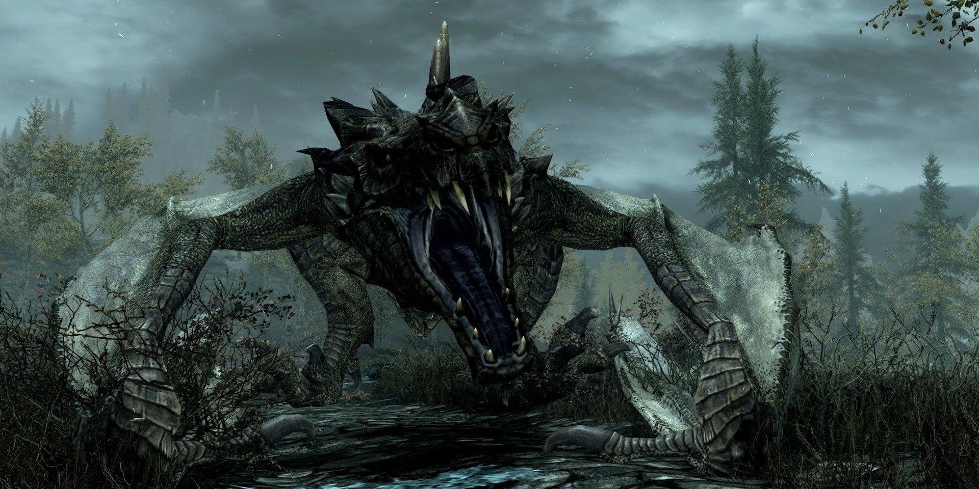 A screenshot from Skyrim showing one of the game's dragons.