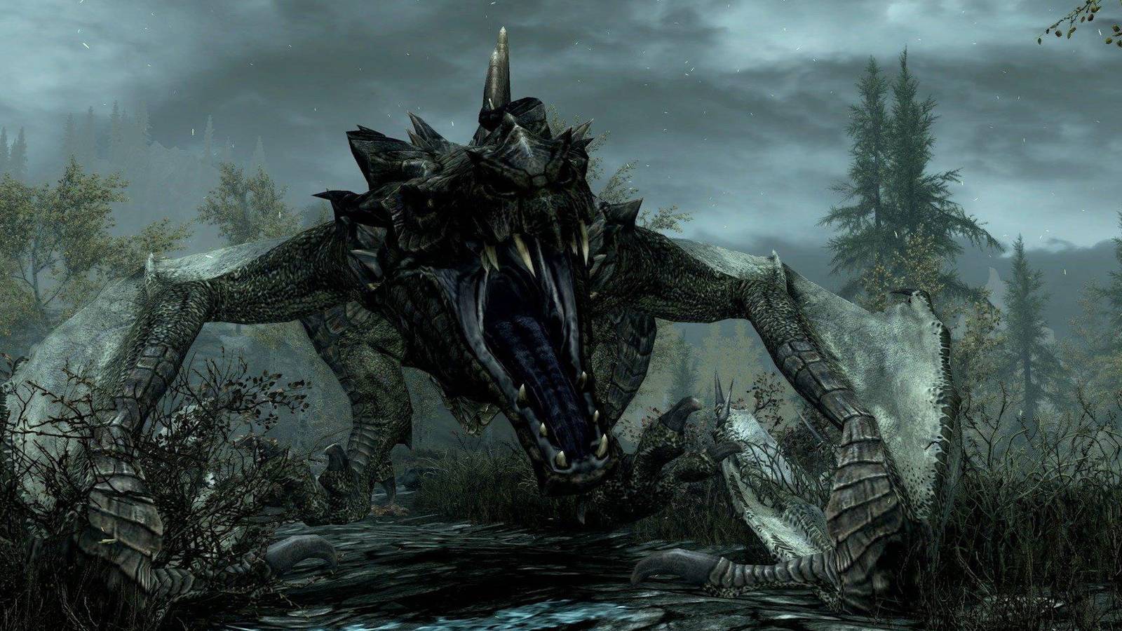 A screenshot from Skyrim showing one of the game's dragons.