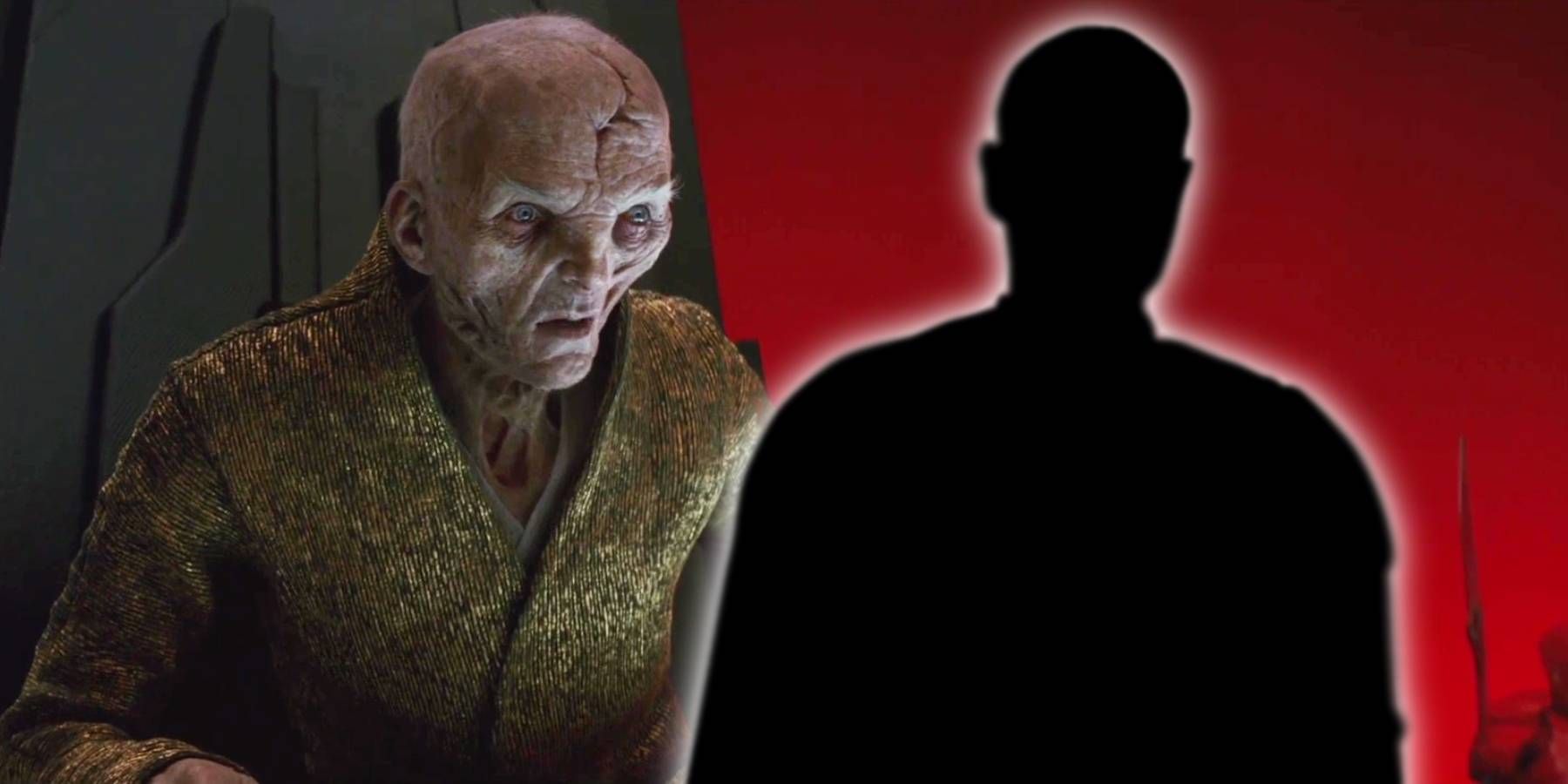 Snoke from Star Wars Episode VIII The Last Jedi with a silhouette of Moff Gideon from The Mandalorian