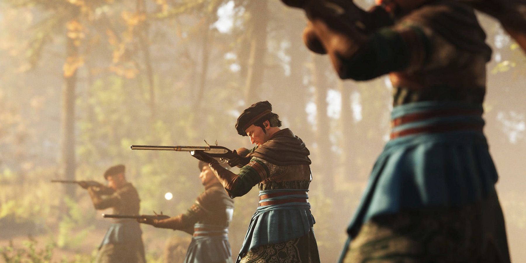 Soldiers shoot guns in GreedFall 2