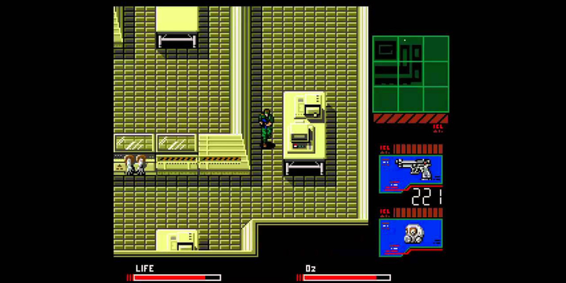 Solid Snake exploring Zanzibar Land in Metal Gear 2.