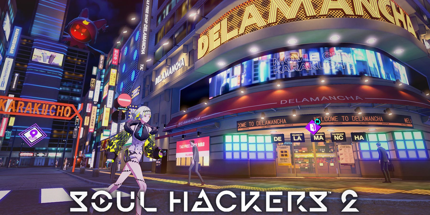 Soul Hackers 2 Ringo running through nighttime cyberpunk city with white game logo edit