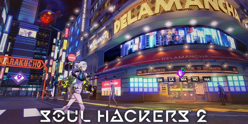 Soul Hackers 2 Ringo running through nighttime cyberpunk city with white game logo edit