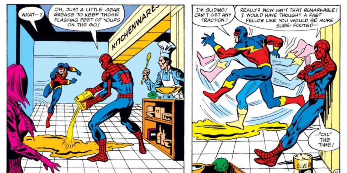 Comic panels showing Spider-Man stopping Speed Demon with an oil slick in The Amzing Spider-Man #222