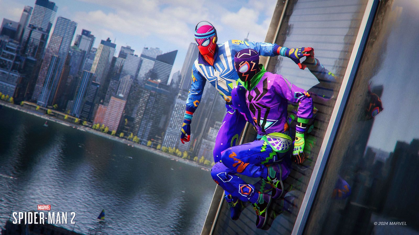 A screenshot of Peter and Miles in thier Fly and Fresh suits in Marvel's Spider-Man 2.