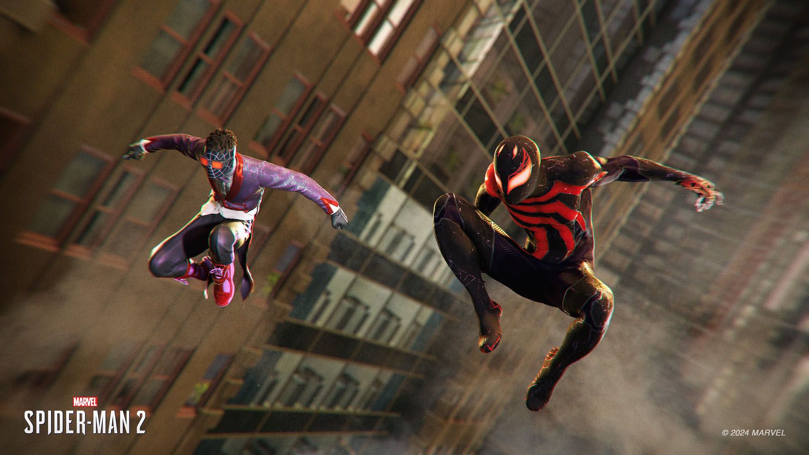 A screenshot of Peter and Miles in thier Hellfire Gala suits in Marvel's Spider-Man 2.