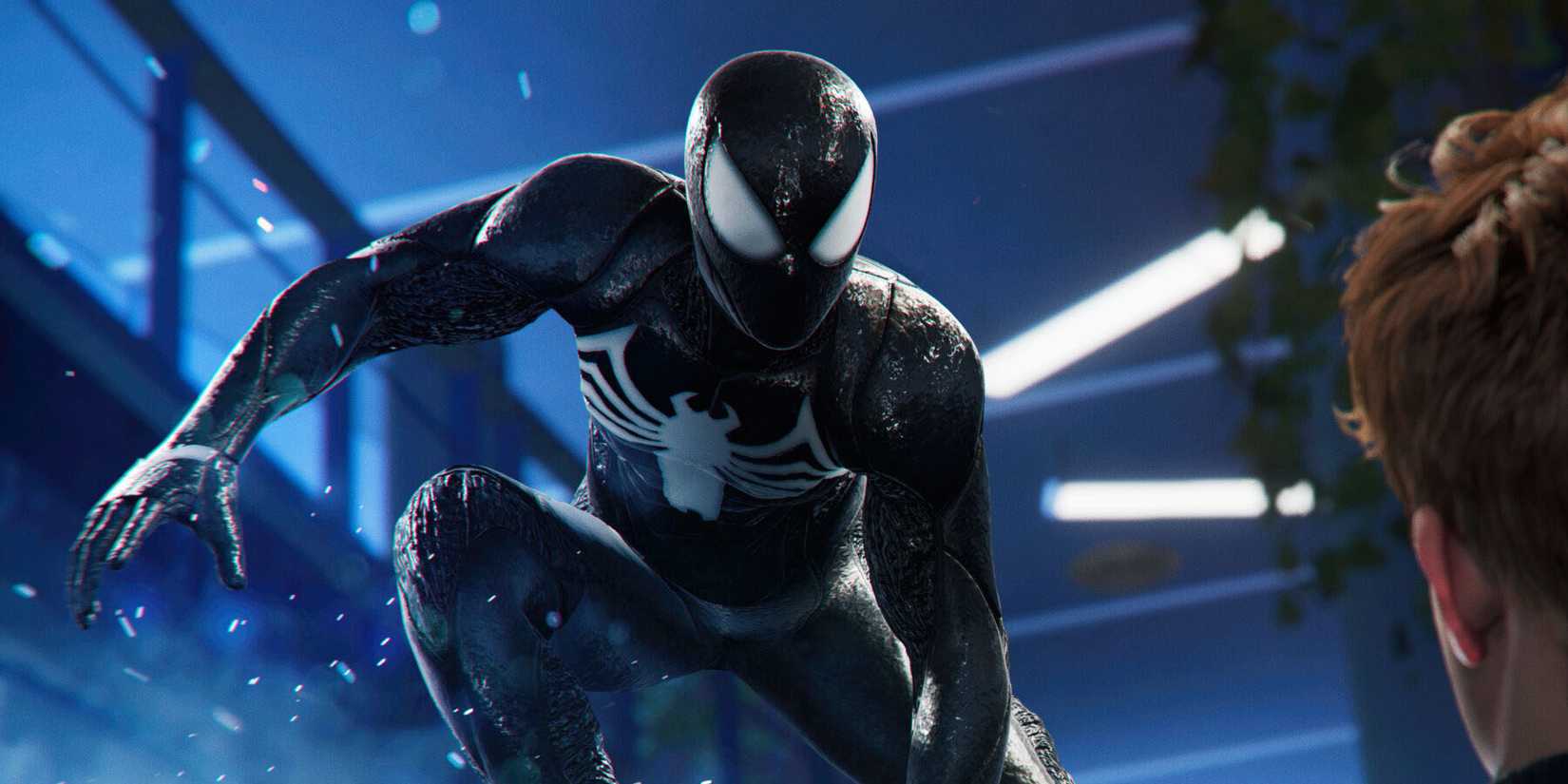 A screenshot of Spider-Man in his Symbiote costume in Marvel's Spider-Man 2.