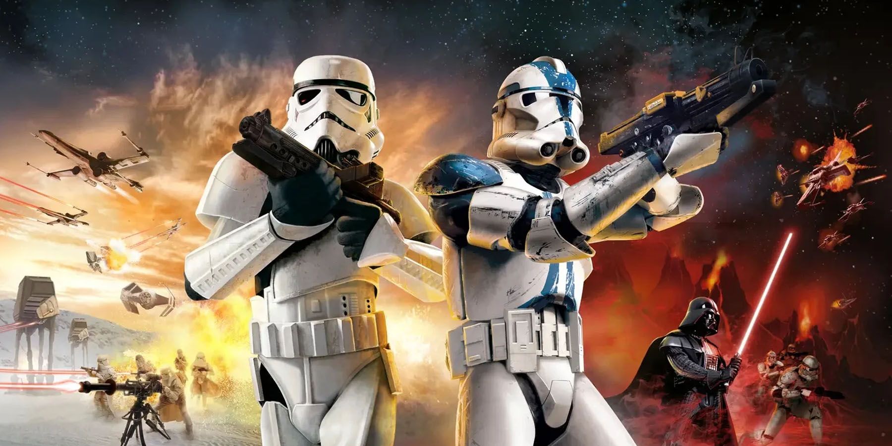 A promotional image of a Stormtrooper and Clone Trooper in Star Wars: Battlefront Classic Collection.