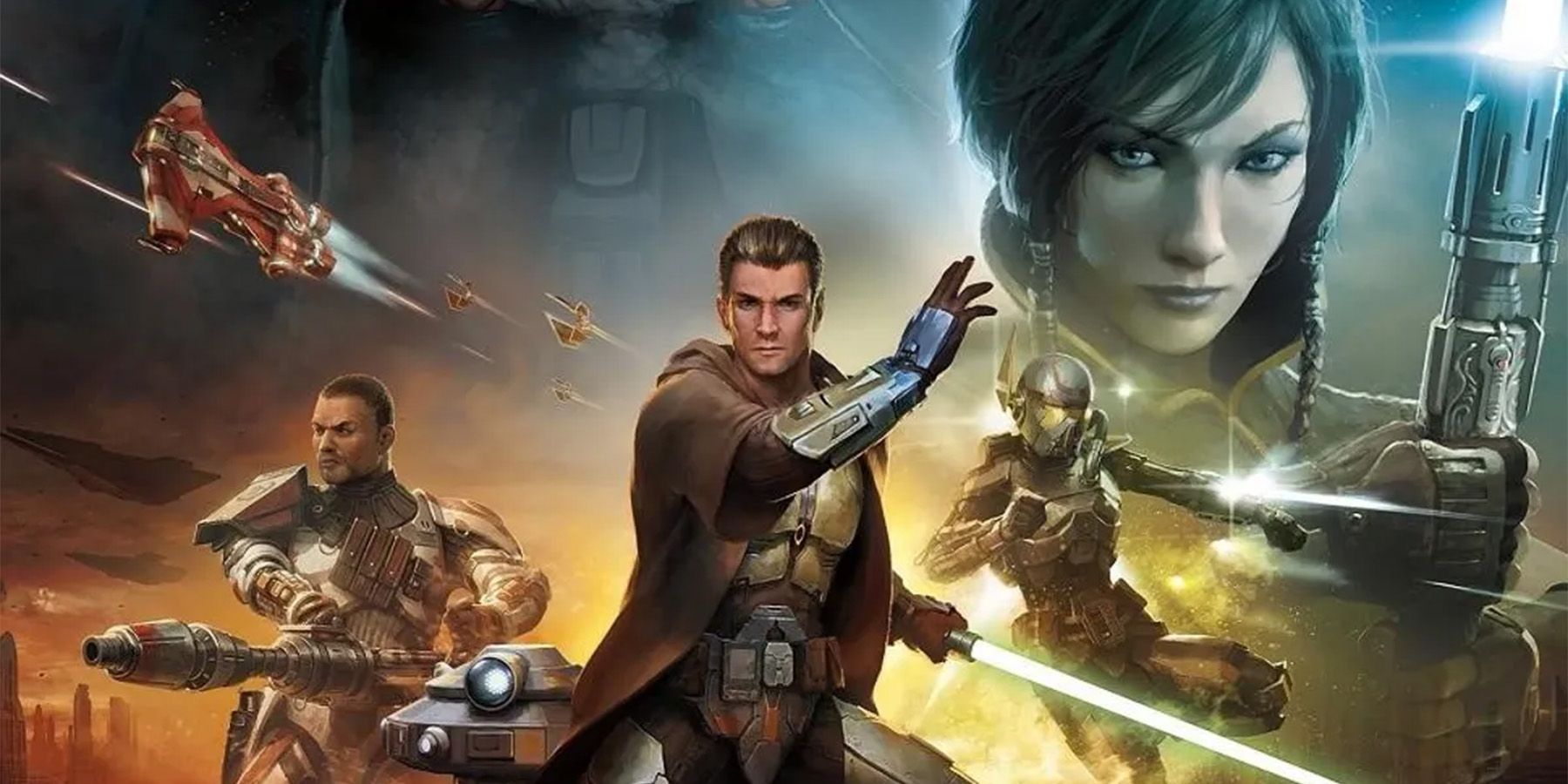 Star Wars Knights of the Old Republic promo art featuring characters in various battle stances