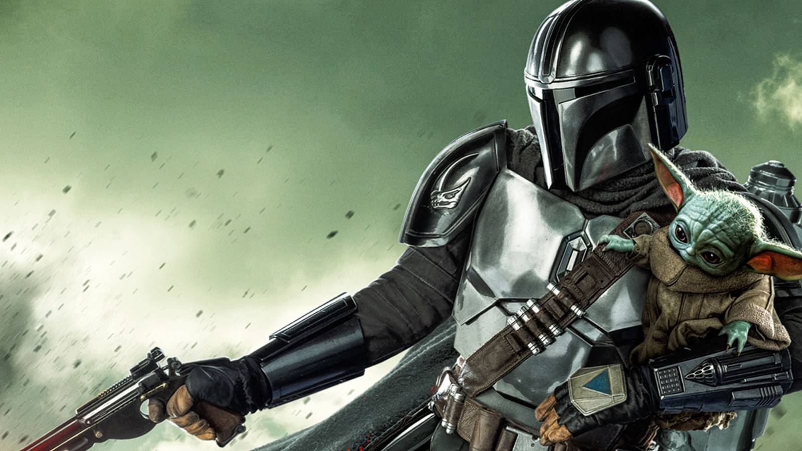 A promotional image of Din Djaran carrying Grogu on his jetpack in The Mandalorian.