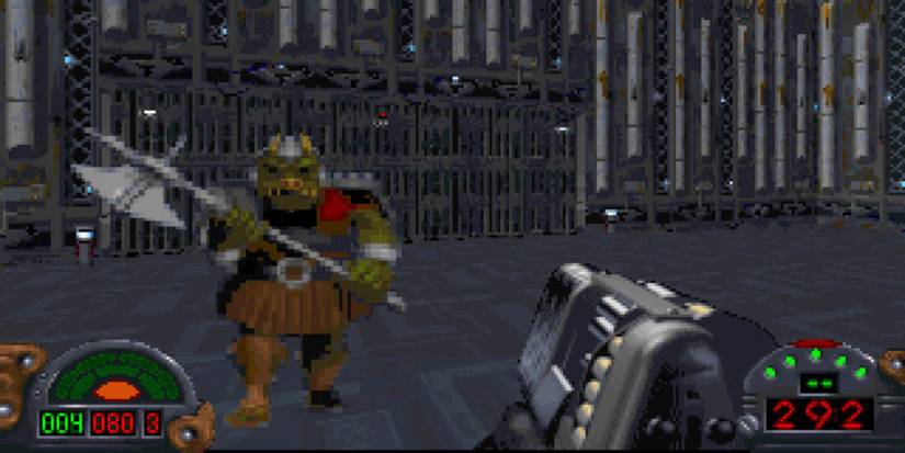 A player shooting at a guard in Star Wars Dark Forces