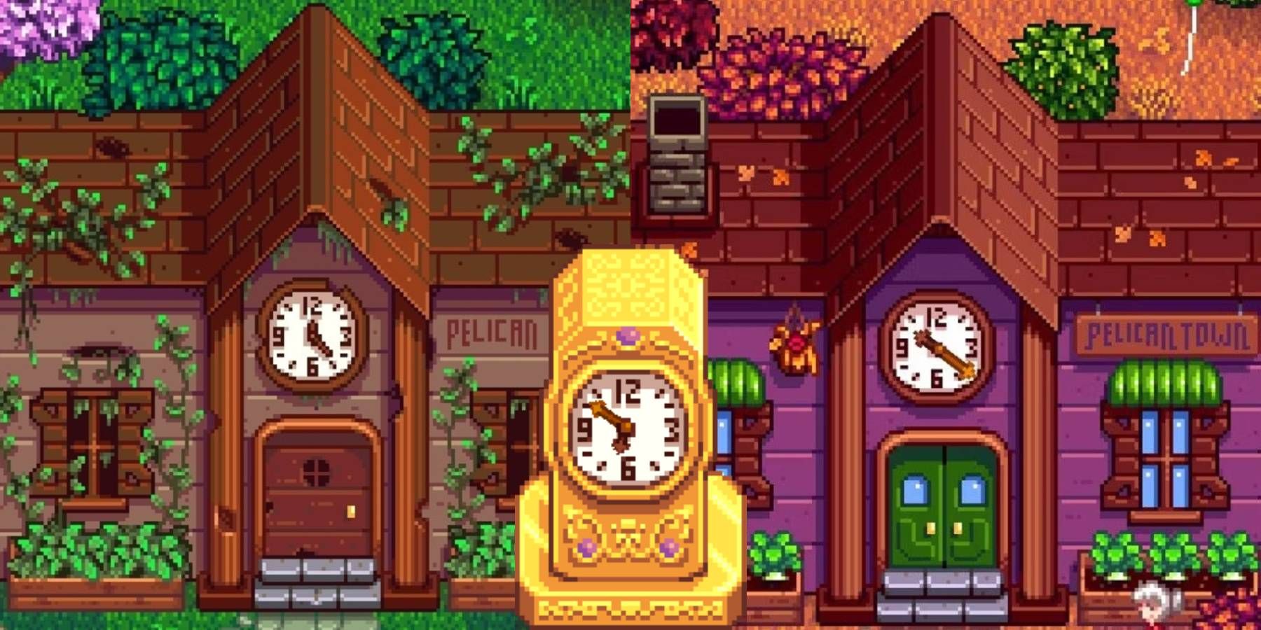 The old and restored versions of Stardew Valley's community center separated by a Gold Clock