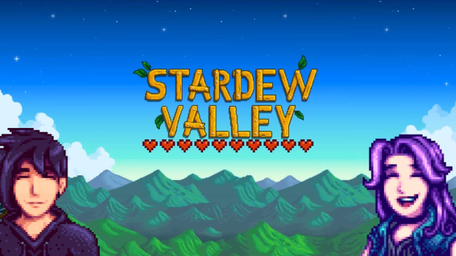 Sebastian and Abigail from Stardew Valley with ten hearts under the game's logo