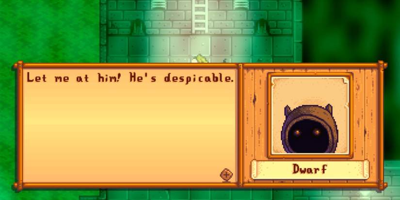 A text box of the Dwarf calling Krobus despicable.