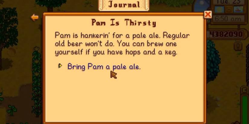 A text box inviting the player to the Pam Is Thirsty quest.