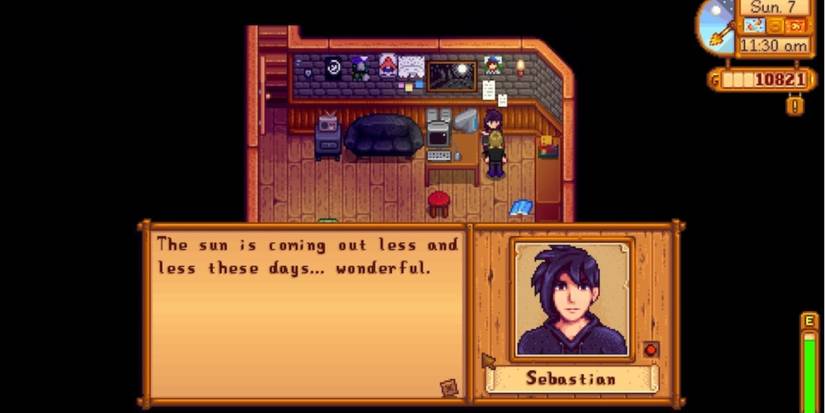Sebastian's bedroom with a text box telling the player he enjoys dark weather.