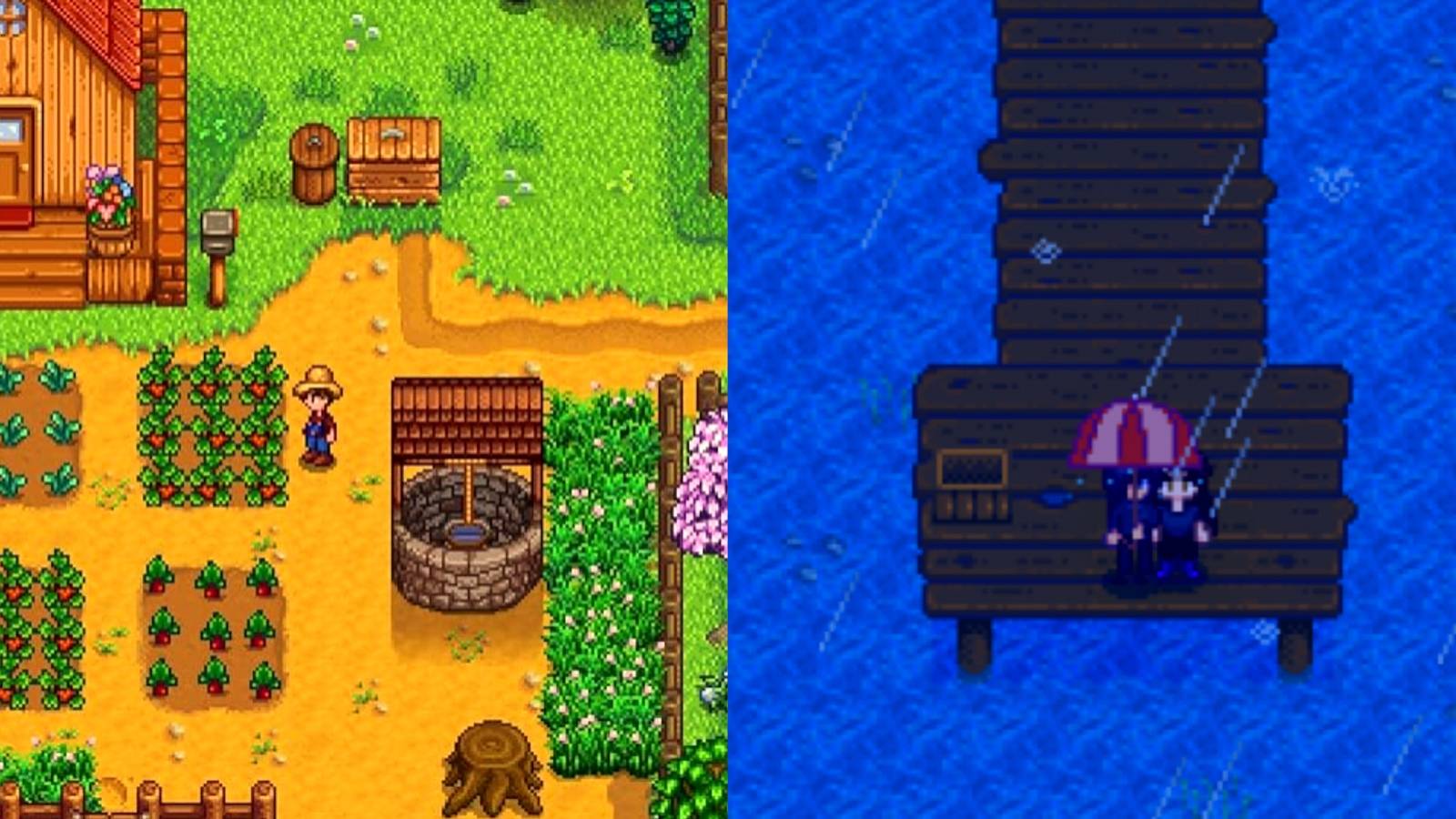A split image featuring a bright shot of Stardew Valley's farm and a dark shot of the pier.