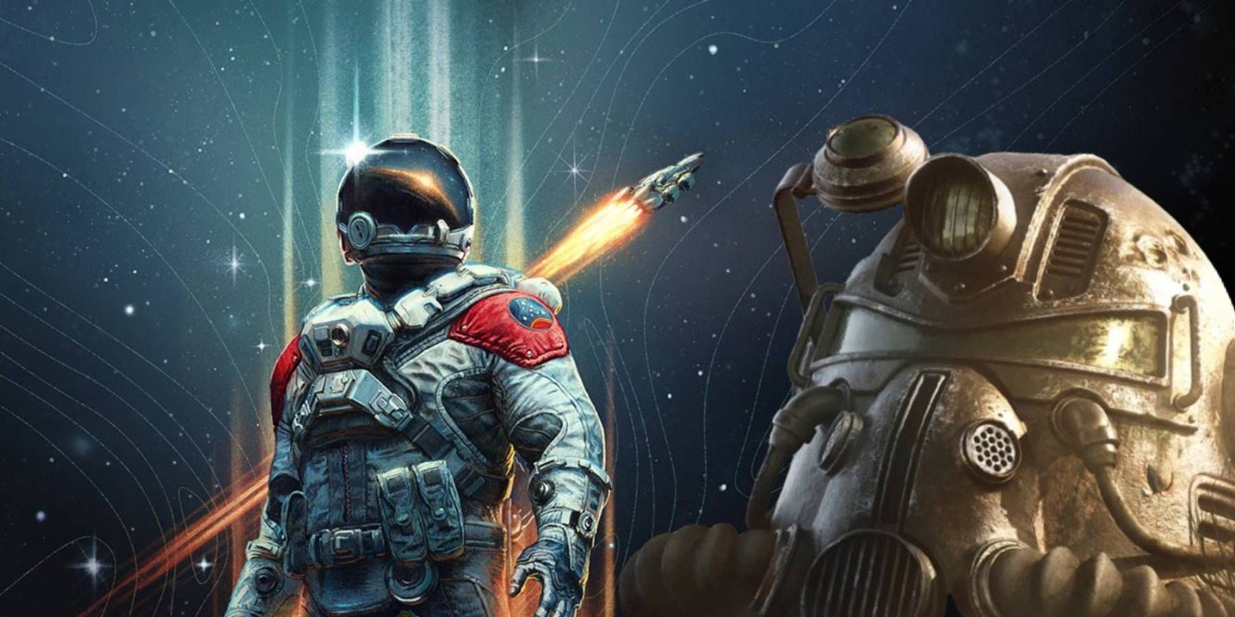The astronaut from Starfield promo art with a power armor helmet from Fallout 76
