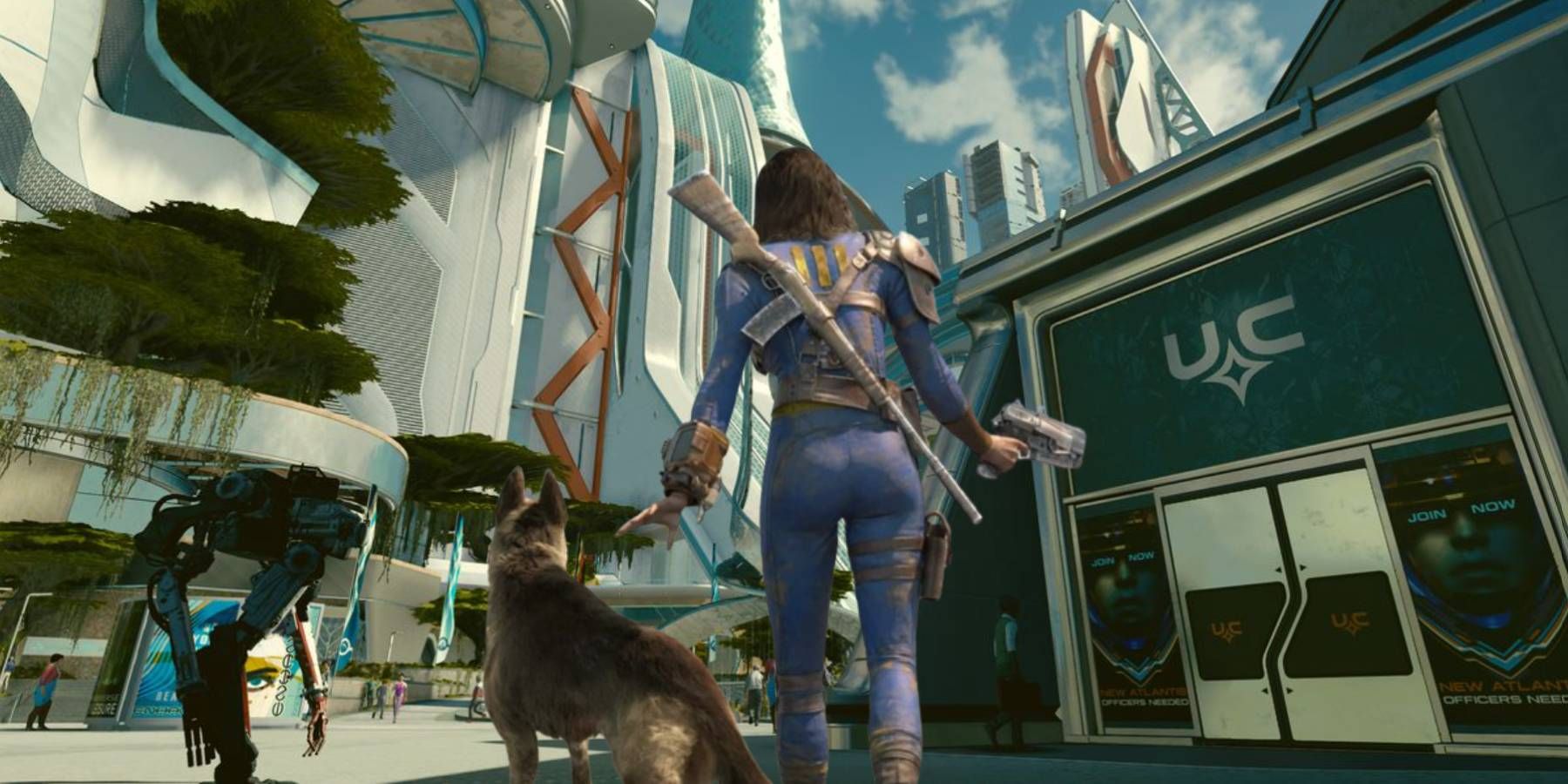 The Sole Survivor from Fallout 4 walking through Starfield's New Atlantis