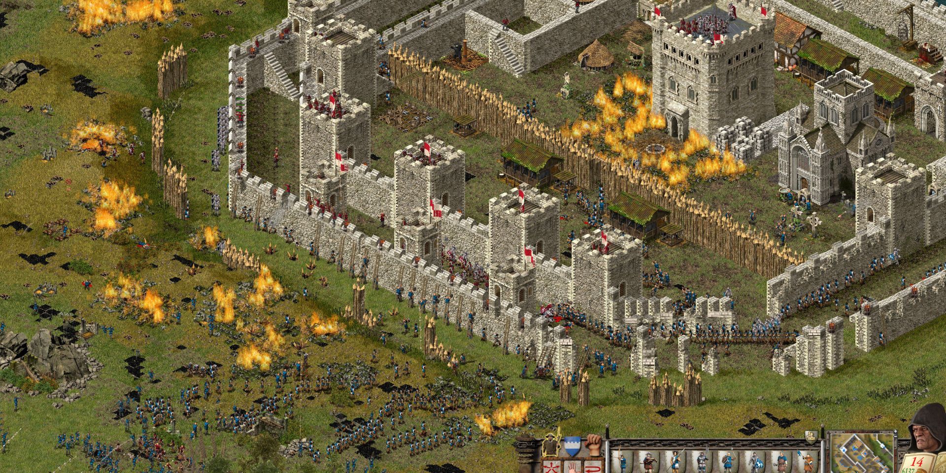 A castle under attack in Stronghold Definitive Edition