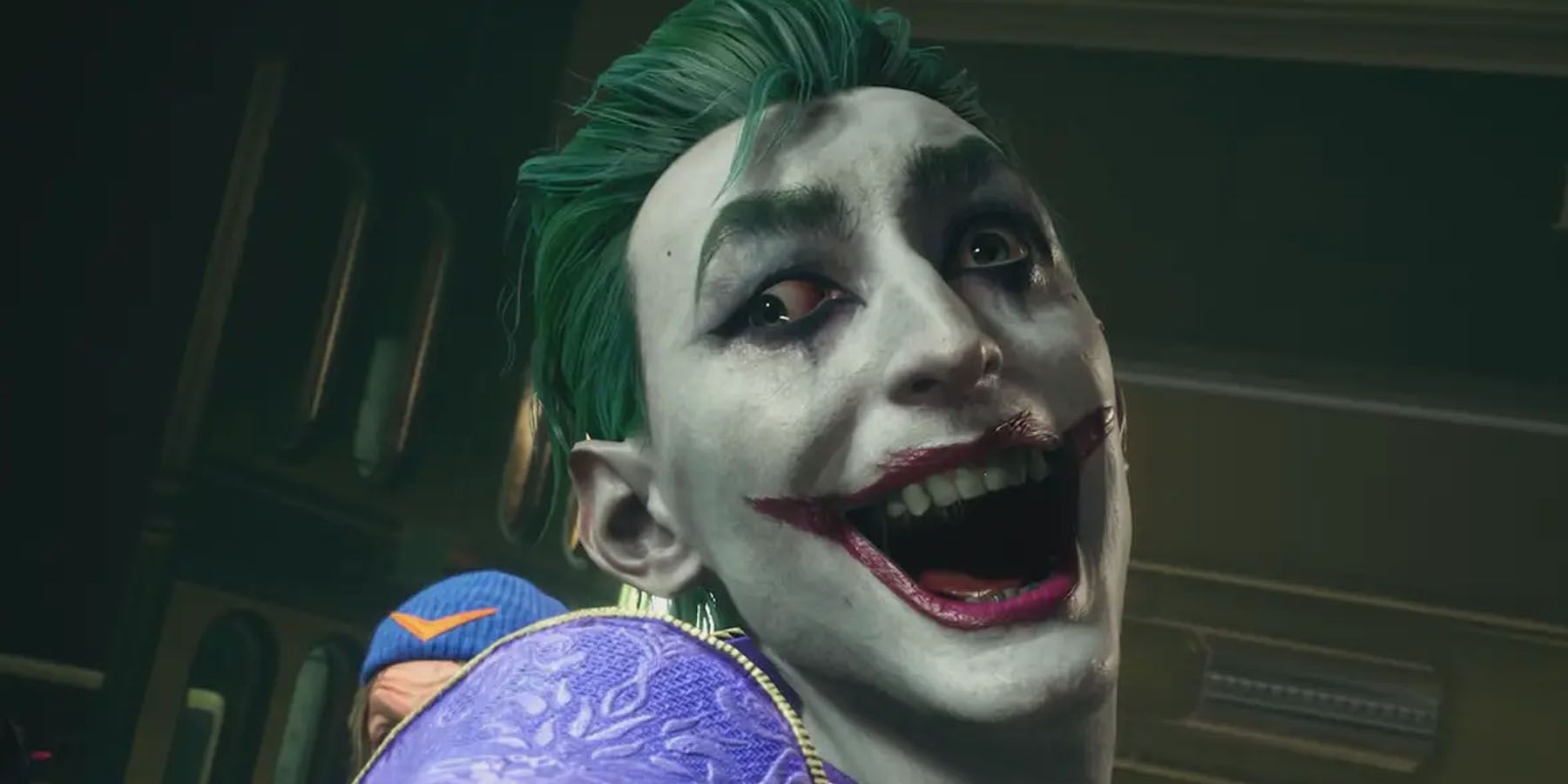 A screenshot of the Joker laughing in Suicide Squad: Kill the Justice League.