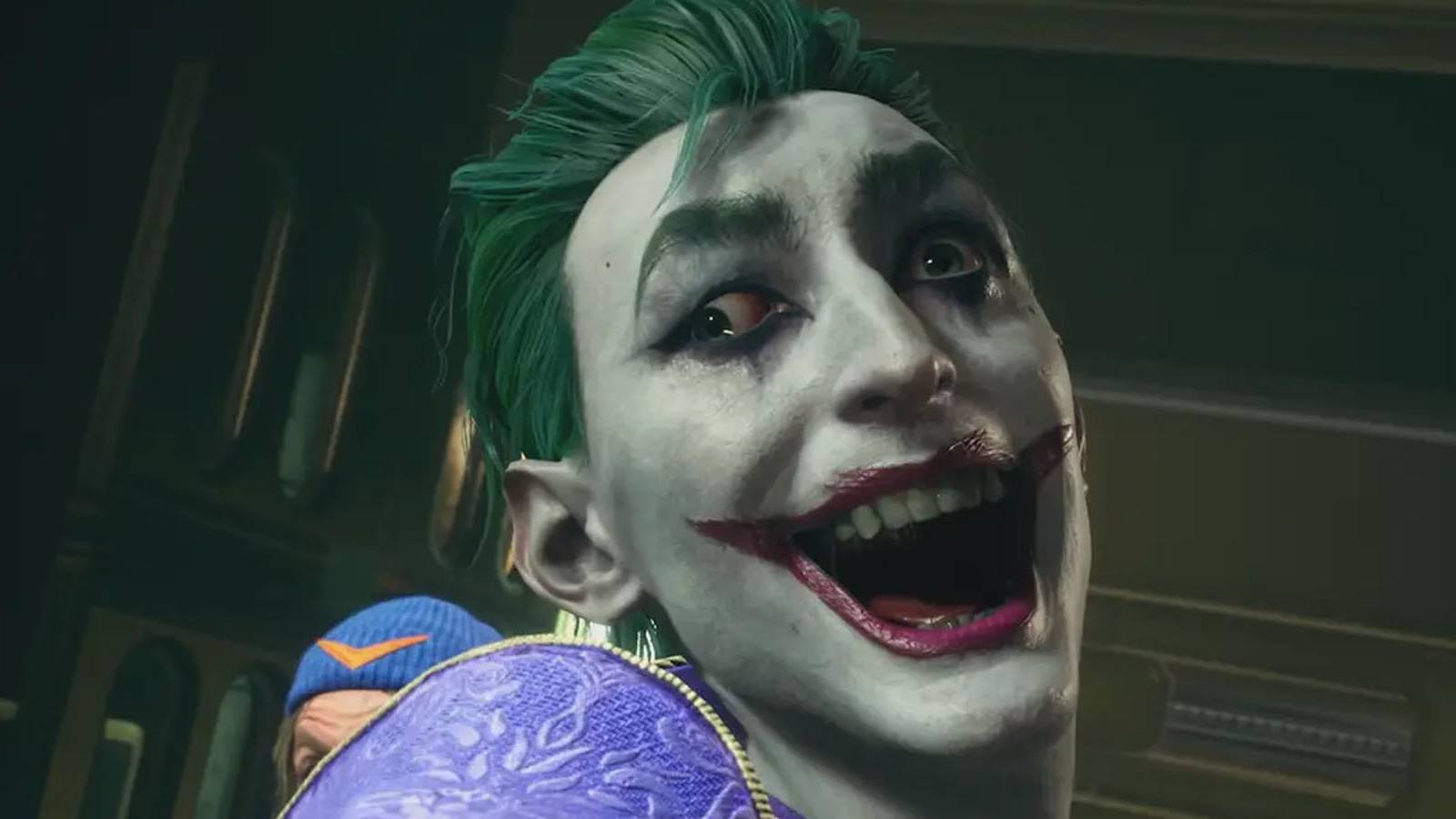 A screenshot of the Joker laughing in Suicide Squad: Kill the Justice League.