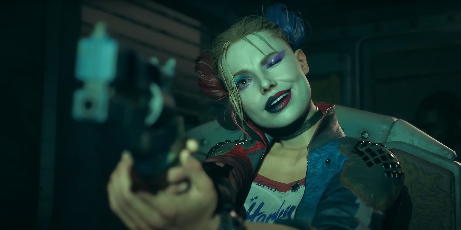Suicide Squad Kill the Justice League launch trailer Harley Quinn aiming revolver still