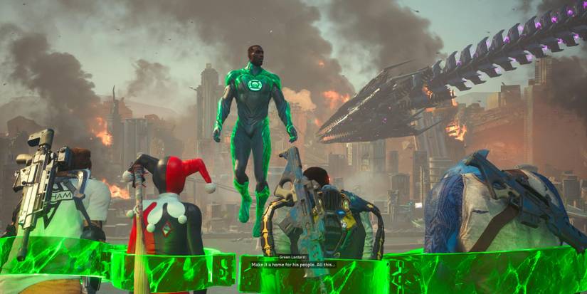 (left to right) captain boomerang, harley quinn, deadshot and king shark captured by green lantern