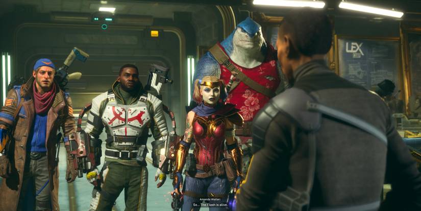 (left to right) captain boomerang, deadshot, harley quinn, king shark talking to amanda waller