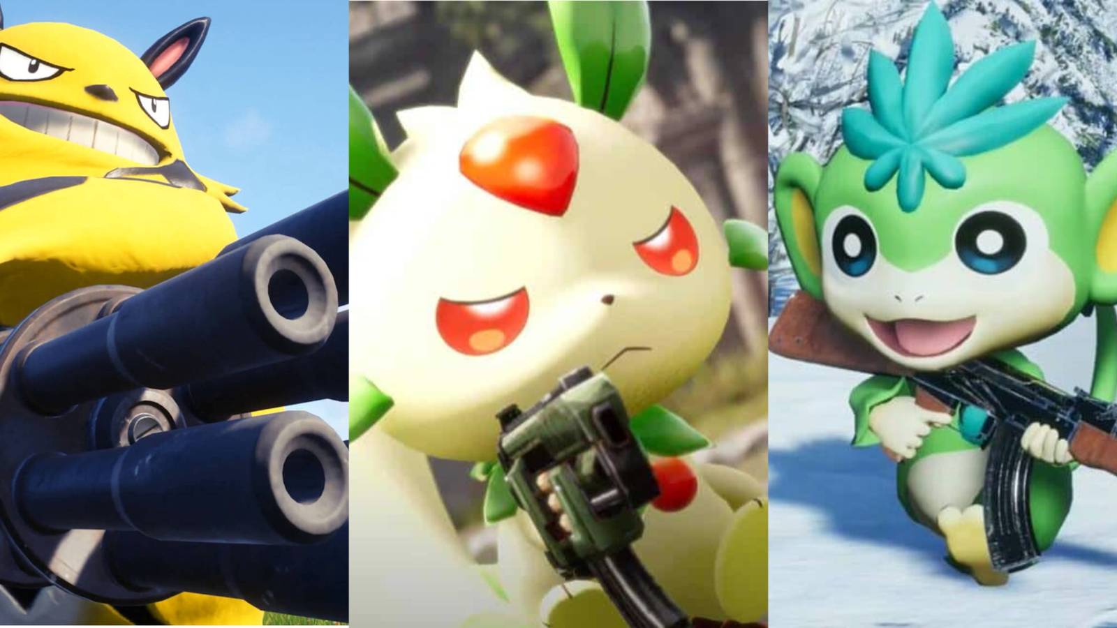 Three images of Palworld Pals holding guns.