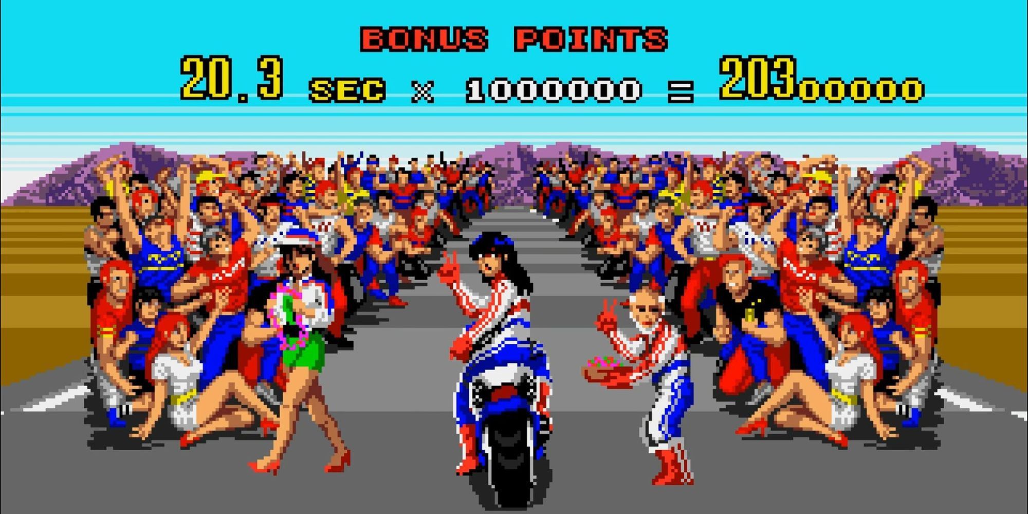 The female console protagonist and the male arcade protagonist posing for the camera in the console ending of Super Hang-On