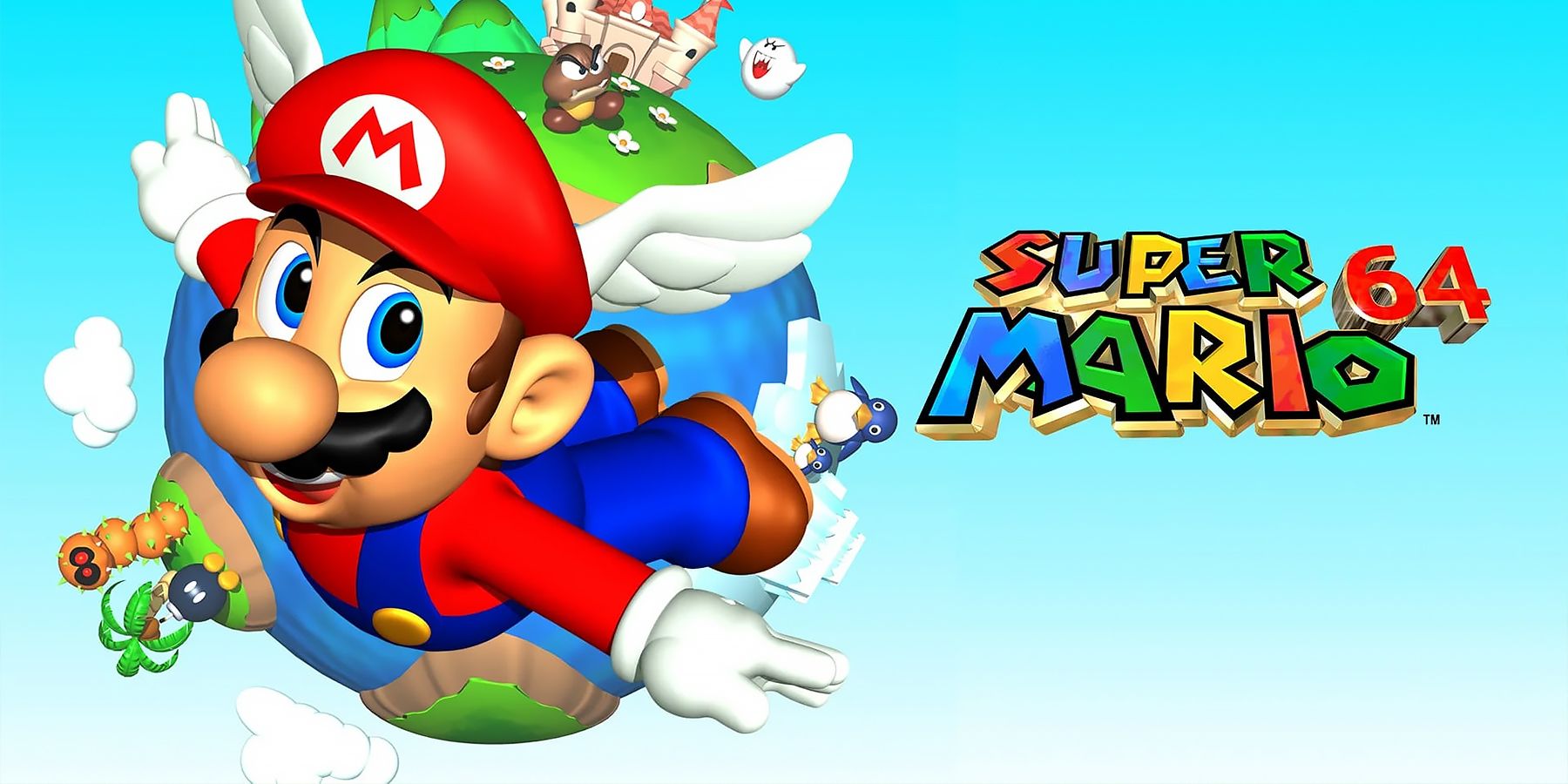 Super Mario 64 cover art with Mario in front of planet