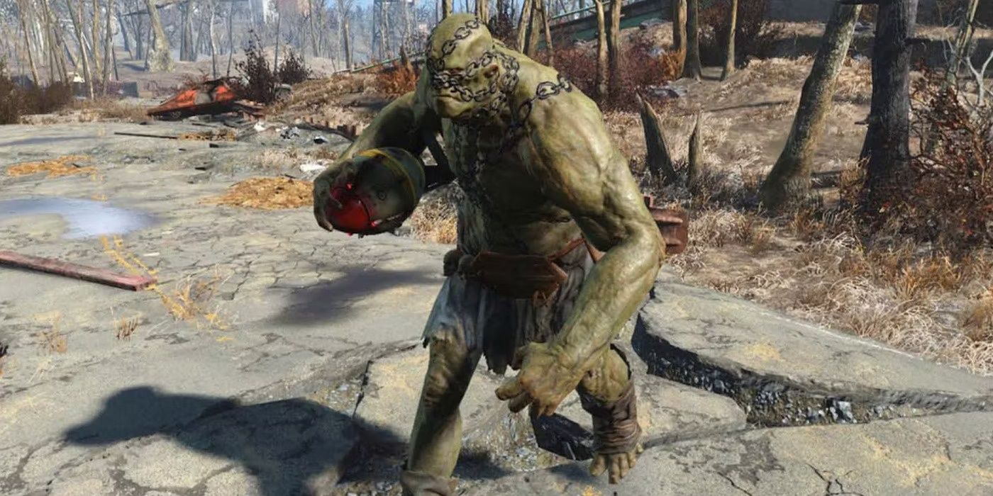 A Super Mutant from Fallout 4 carrying a bomb and coming towards the player