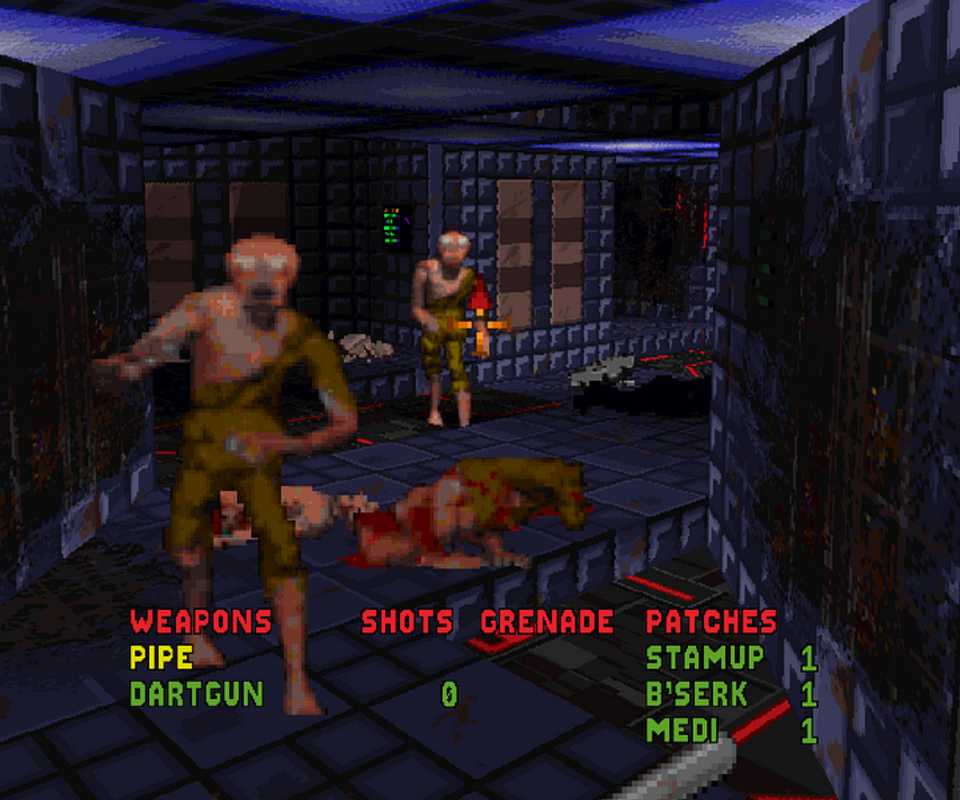 Aliens charging at the player in a hallway in System Shock