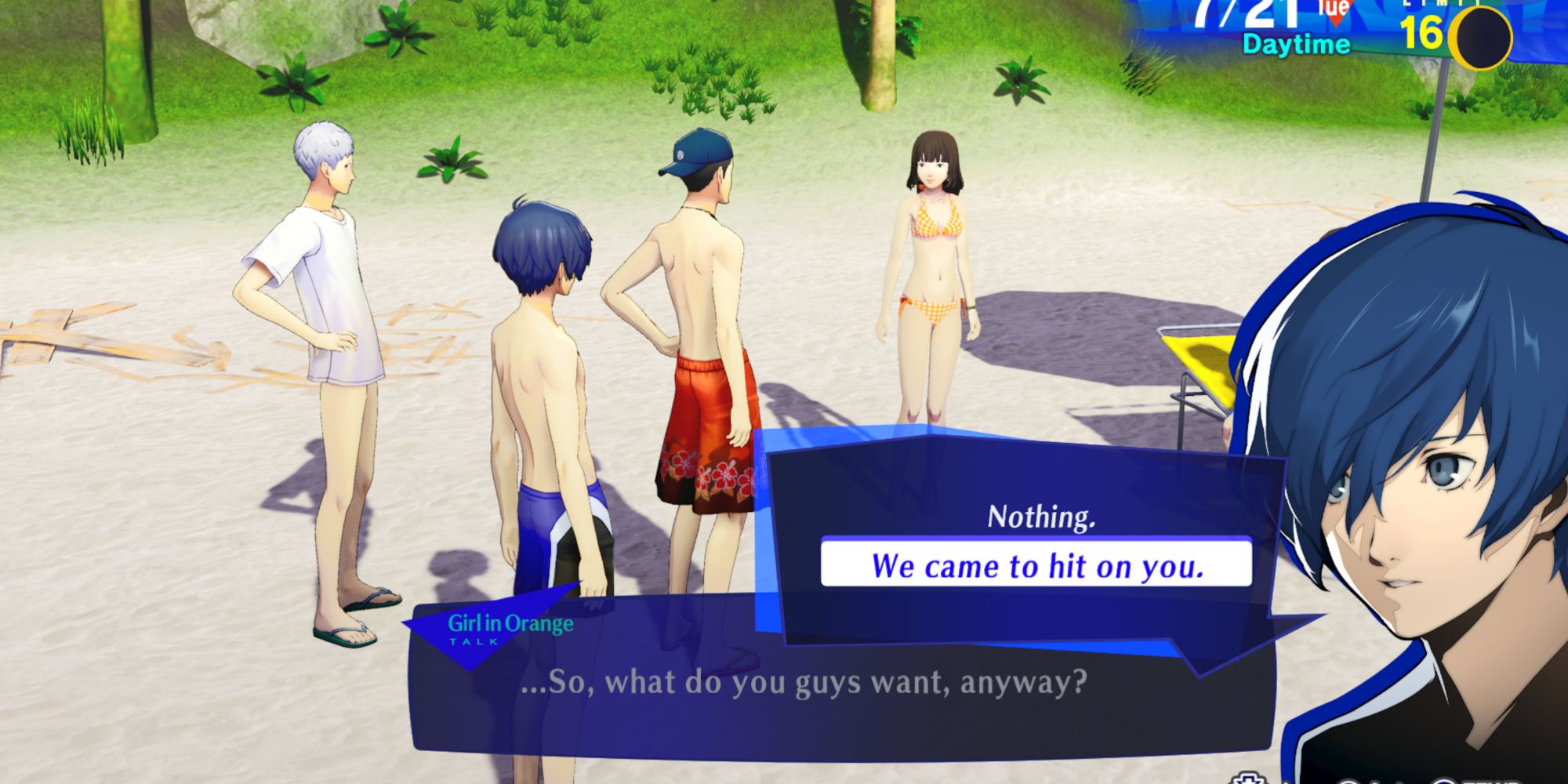 Talking to a beach girl in Persona 3 Reload