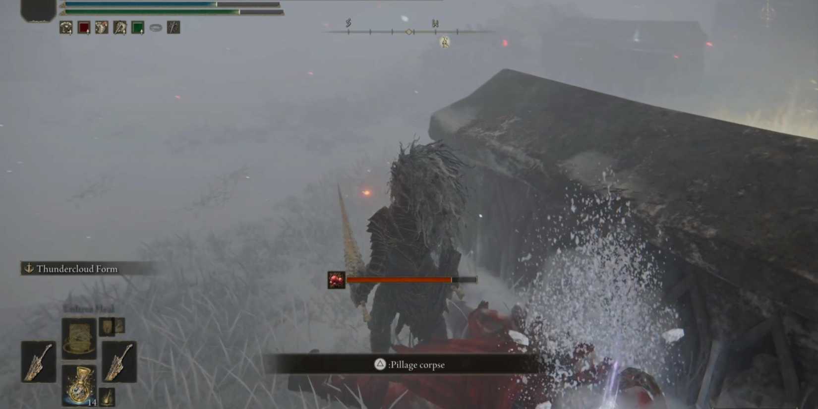 Tarnished over the corpse to pillage it just like collecting runes from the last death spot