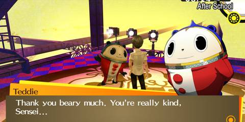 Teddie, a boy in a bear costume, saying 