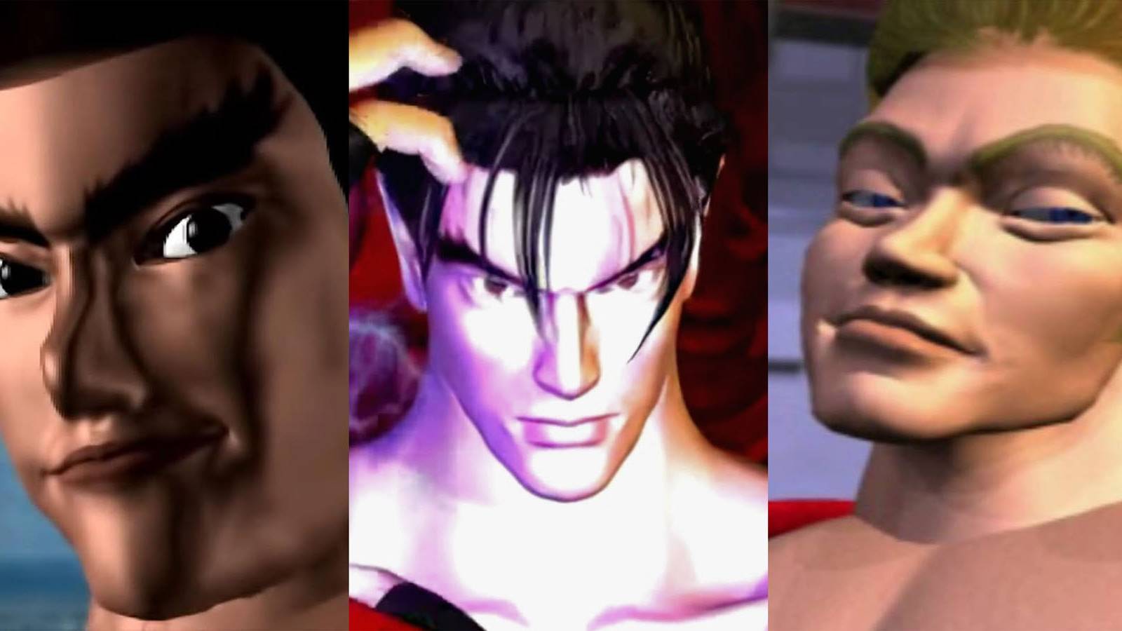 A split-screen image of Kazuya, Jin, and Paul in the PS1 Tekken games.