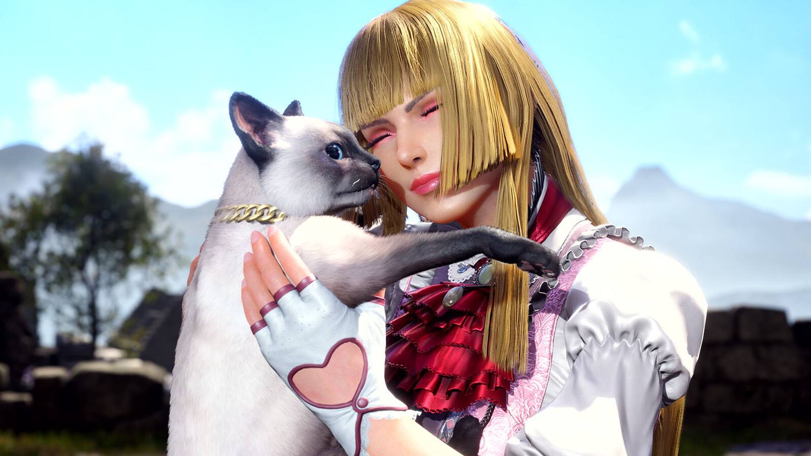 A screenshot of Lili and her pet cat Salt in Tekken 8.