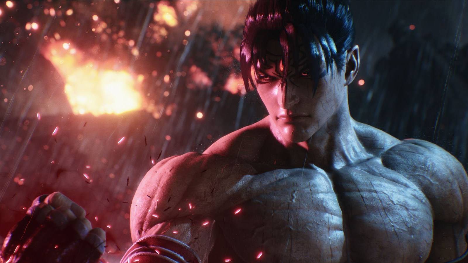 A screenshot of Jin Kazama getting ready to fight in the rain in Tekken 8.