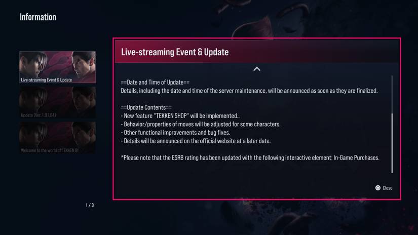 A screenshot of the message announcing Tekken 8's upcoming Tekken Shop feature.